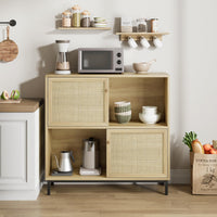 Garvee Buffet Sideboard In Legno Con 2 Porte In Rattan, 2 Ripiani, Piedi Stabili, Multiuso Per Soggiorno E Cucina, Rustico, Naturale