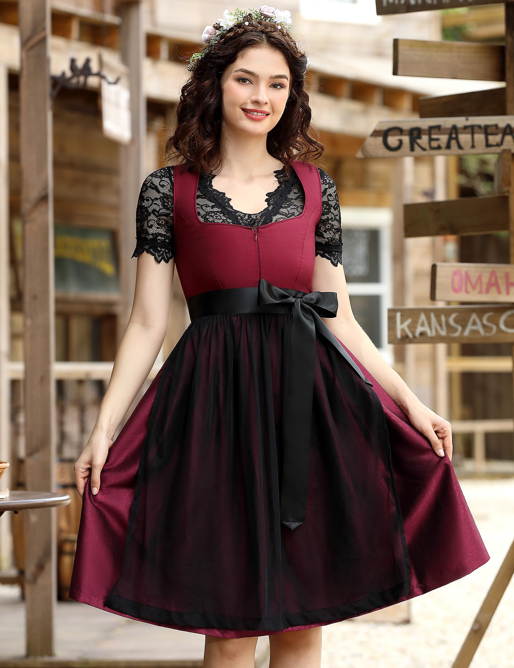 Garvee Dirndl, abito tradizionale da donna, set da 3 pezzi con camicetta e grembiule per Oktoberfest bavarese, Halloween, Carnevale, Borgogna, taglia 36