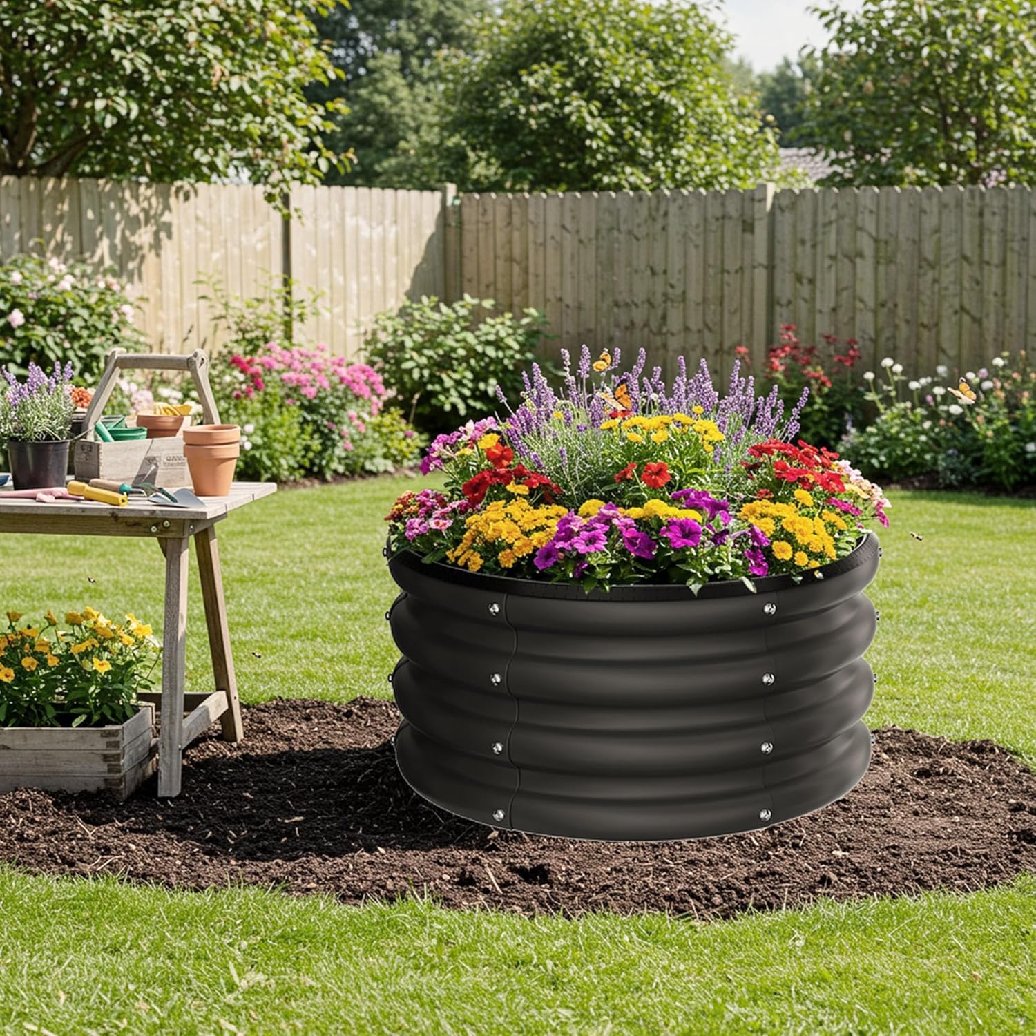 Aiuola rialzata Garvee, in metallo, 107x20 cm, rotonda, senza fondo, in acciaio zincato, antiruggine, per giardino, verdure, fiori, ecologica