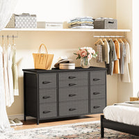 Cassettiera GARVEE con cassetti, credenza con 10 cassetti in tessuto e 3 prese di corrente, cassettiera per soggiorno, credenza per ingresso, mobile contenitore con rivestimento in tessuto, robusta struttura in metallo, piano in legno