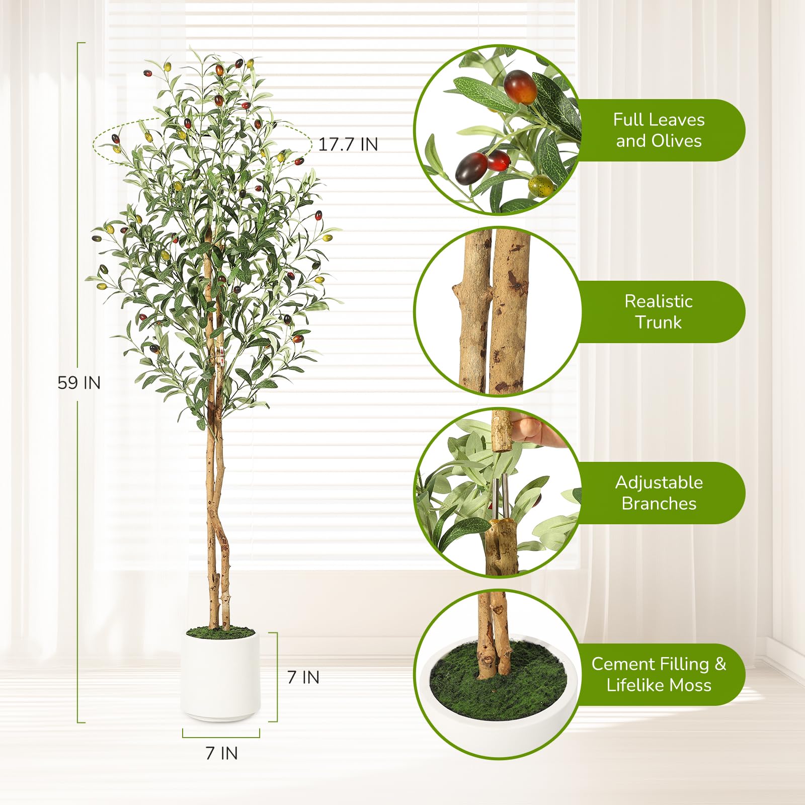 Albero di ulivo artificiale Garvee da 1,5 m con rami regolabili, seta artificiale, vaso bianco per soggiorno e ufficio, verde realistico