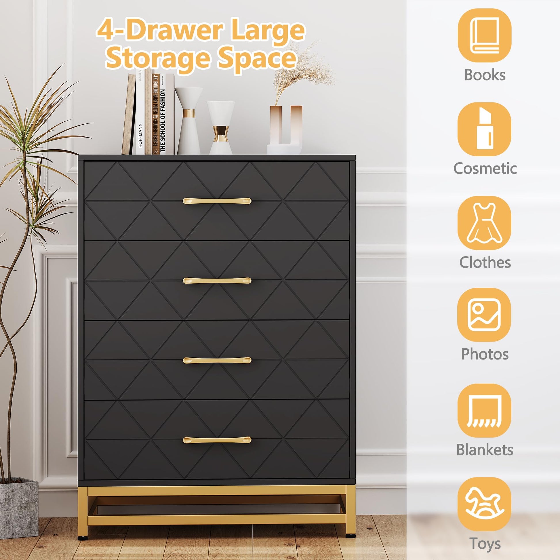 Cassettiera Garvee nera a 4 cassetti con maniglie in metallo per camera da letto, ufficio, soggiorno, 23.9"x15.8"x36.2", design moderno in legno