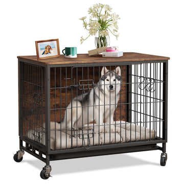 Garvee Dog Crate Furniture 32,5" Modern Double Door Estraibile Vassoio Ruote in Legno Soggiorno per Cani di Taglia Media