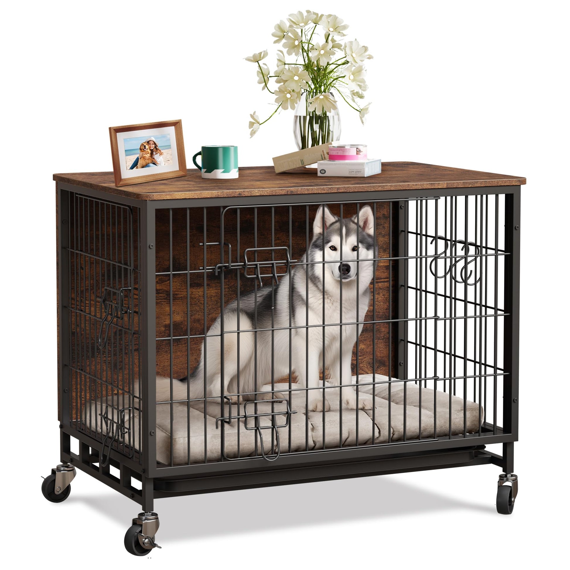 Garvee Dog Crate Furniture 38,6" in legno con ruote e doppie porte per cani di grossa taglia, da interno, stabile, mobile, antiscivolo, in truciolato di legno