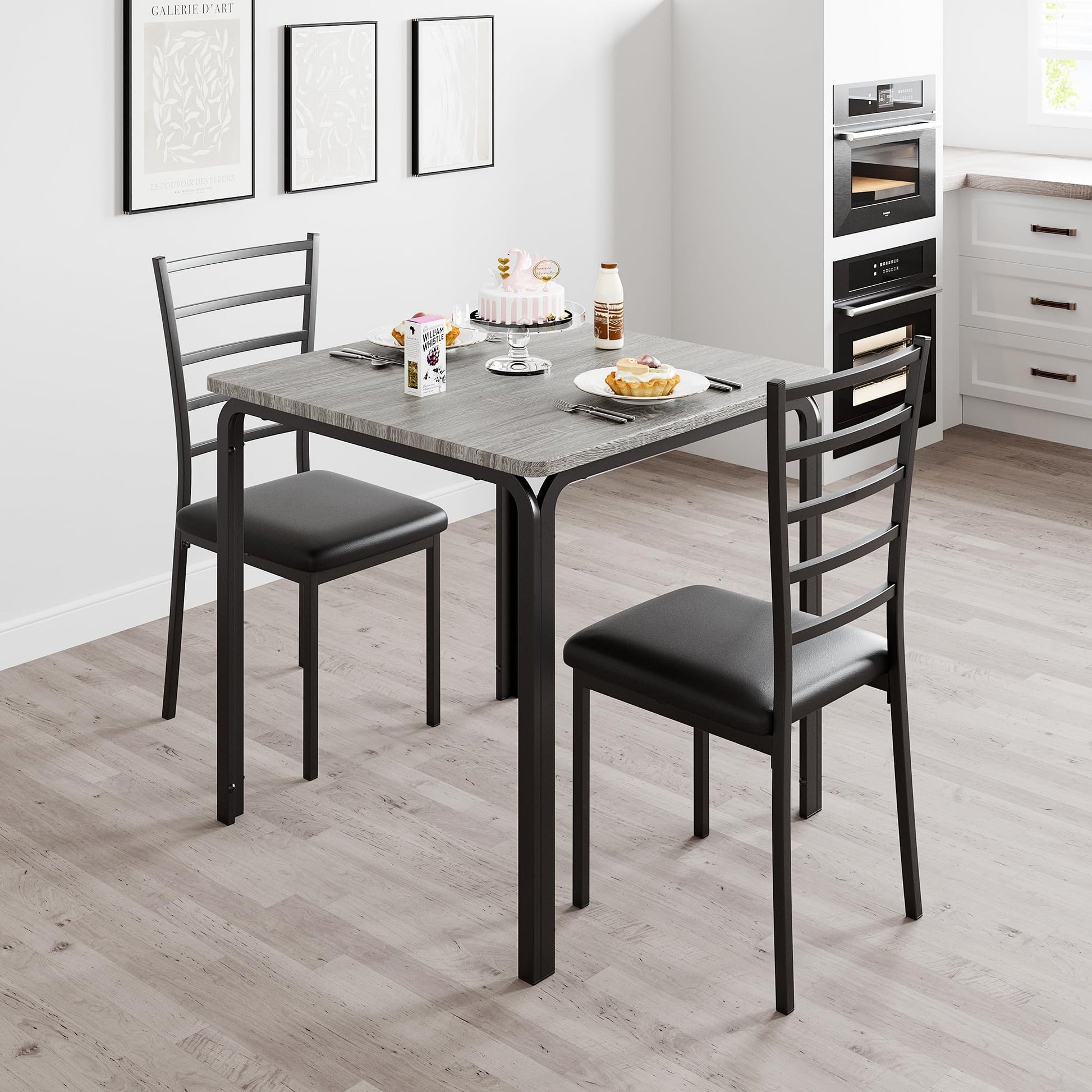 Set da pranzo Garvee da 3 pezzi con 2 sedie imbottite per piccoli spazi, cucina e ufficio, tavolo da cucina quadrato in rovere, robusto e salvaspazio