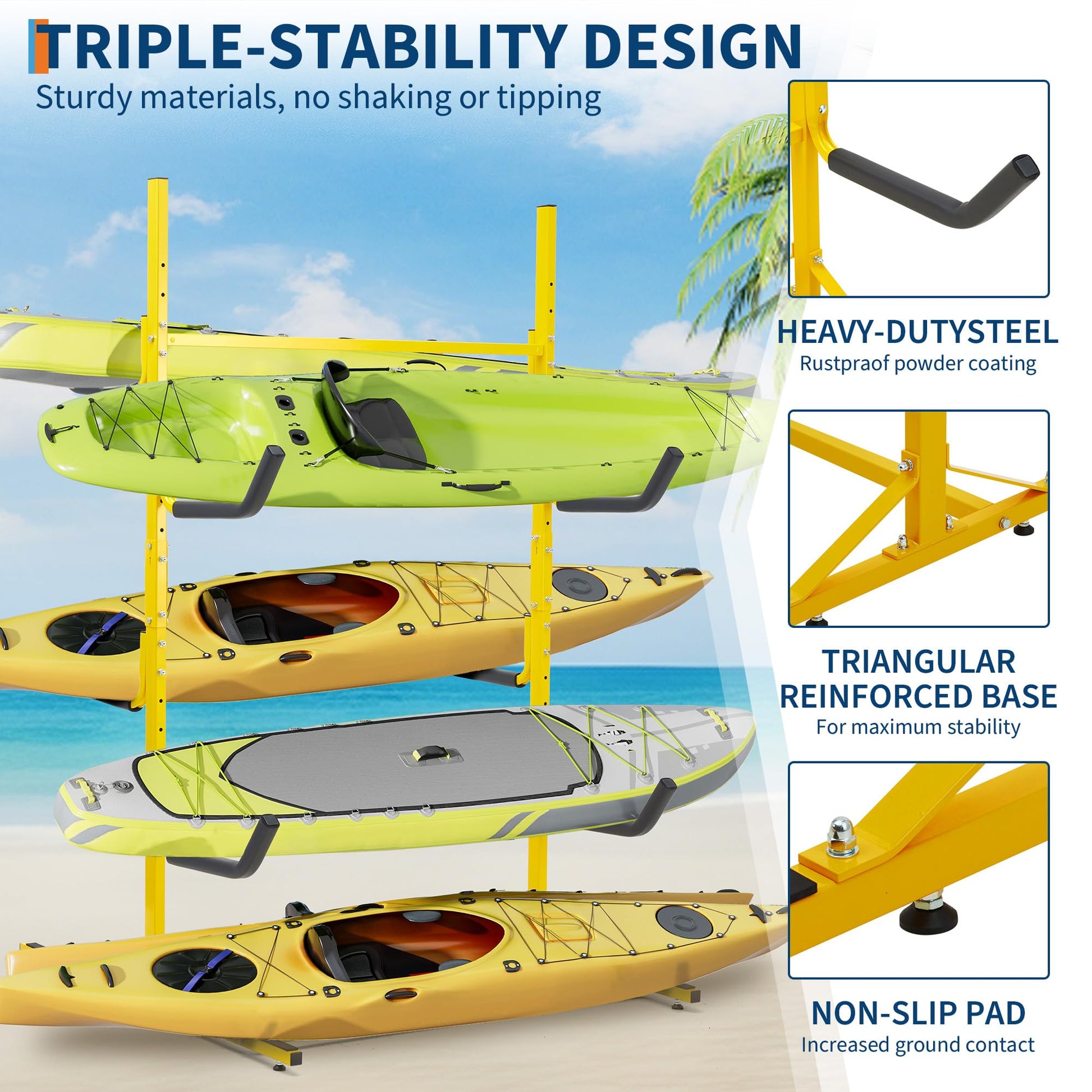 Garvee Kayak Storage Rack Heavy Duty Freestanding Altezza Regolabile Braccioli Imbottiti Acciaio Resistente alla Ruggine Per 4 Kayak Interni ed Esterni