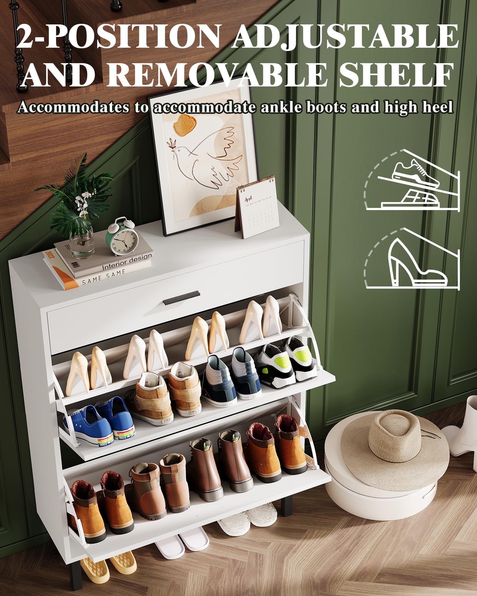 Scarpiera stretta Garvee con 3 cassetti e ripiani regolabili per corridoio e soggiorno, in legno MDF, antiribaltamento, moderna, colore naturale