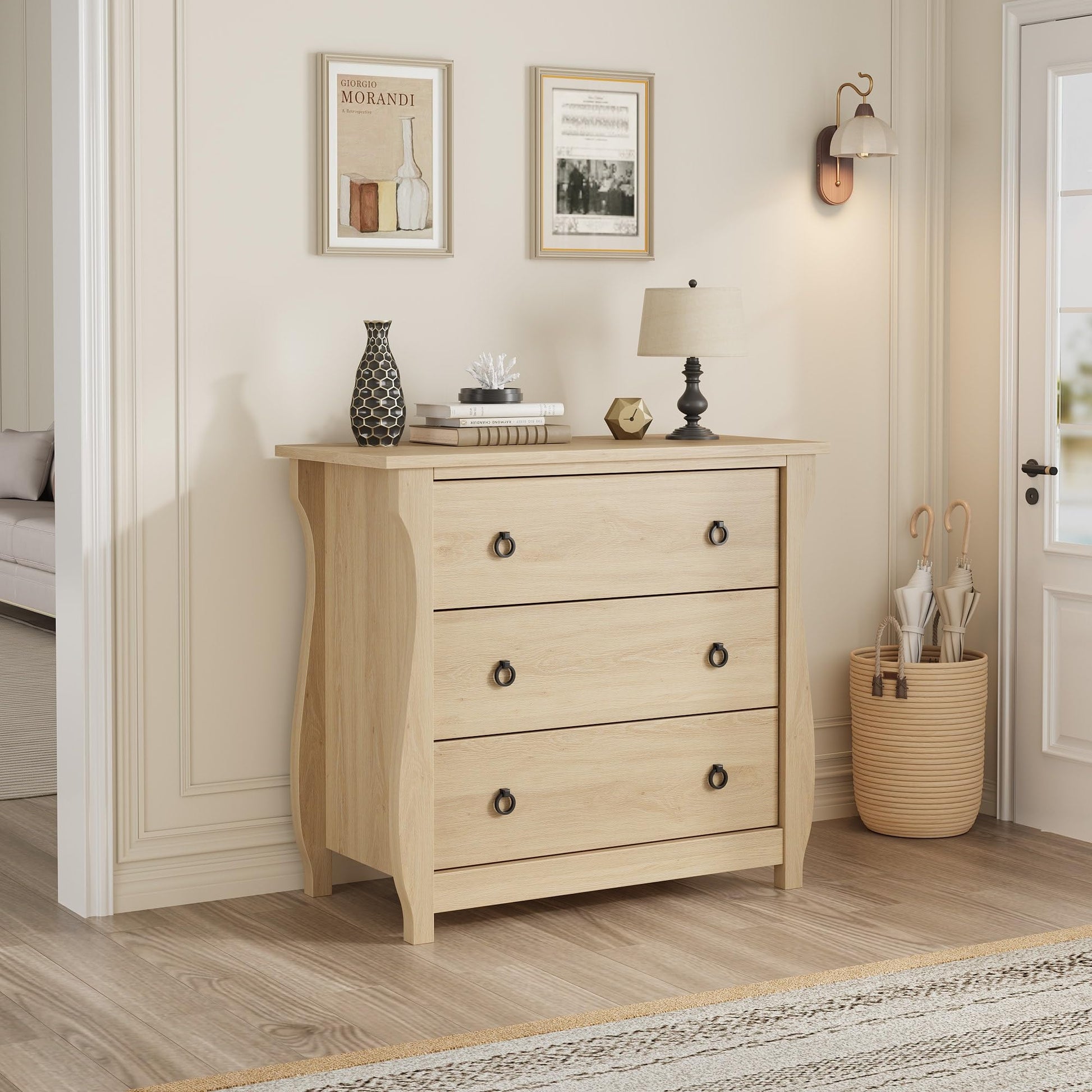 Cassettiera Garvee a 3 cassetti, mobiletto moderno in legno, bianco con maniglie in metallo nero per soggiorno e camera da letto, 29,9x15,8x29,3 pollici