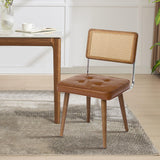 Garvee Sedia da Pranzo in Rattan Naturale con Schienale Alto in Velluto, Gambe in Legno Robusto, Design con Bottoni, Marrone per Cucina e Ristorante - Marrone