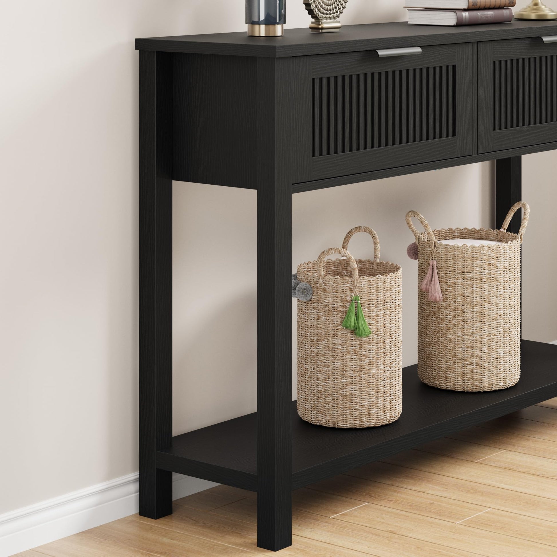 Tavolo da ingresso Garvee Farmhouse, consolle in legno, 43" con 2 cassetti e 2 ripiani, MDF, nero, soggiorno e corridoio, robusto e resistente ai graffi