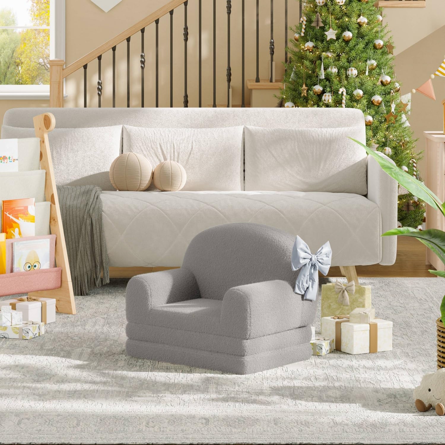 Divano per bambini Garvee 2 in 1, pieghevole, in pile, comodo e portatile, grigio, per sala giochi e camera da letto
