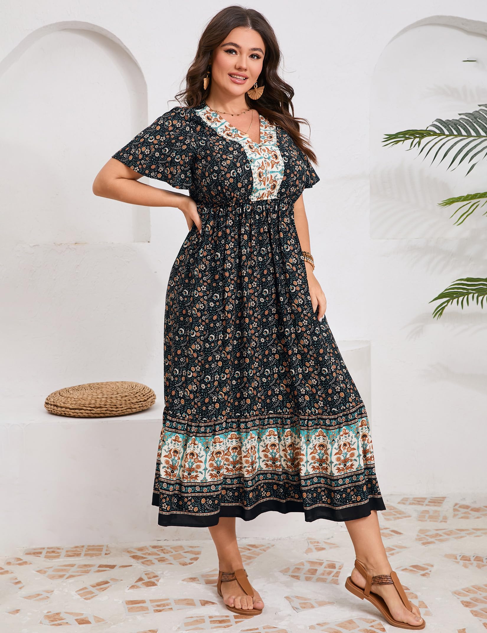 Garvee Abito estivo da donna in stile boho, a maniche corte, midi, con scollo a V, da spiaggia, floreale, con volant, casual, nero, M