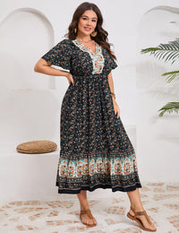 Garvee Vestito Estivo Donna Boho Midi Nero Taglia M Con Maniche Corte E Scollo A V, Tessuto Leggero, Motivo Floreale, Bottoni E Rouches, Ideale Per Spiaggia E Tempo Libero