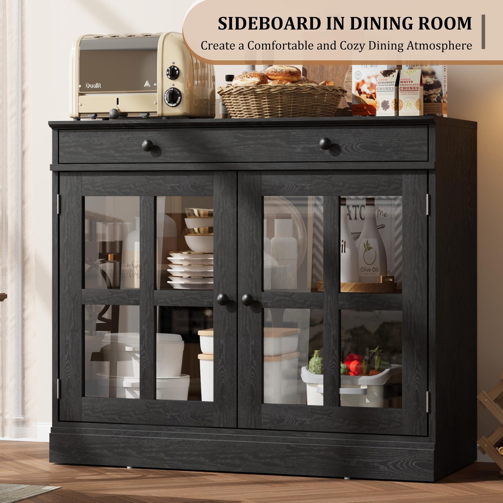 Credenza Garvee da 35,4" con anta in vetro, ripiani regolabili, chiusura ammortizzata, legno, nero, moderna per sala da pranzo e cucina