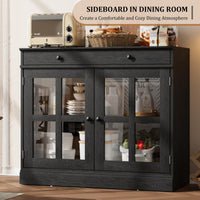 Credenza Garvee da 35,4" con anta in vetro, ripiani regolabili, chiusura ammortizzata, legno, nero, moderna per sala da pranzo e cucina