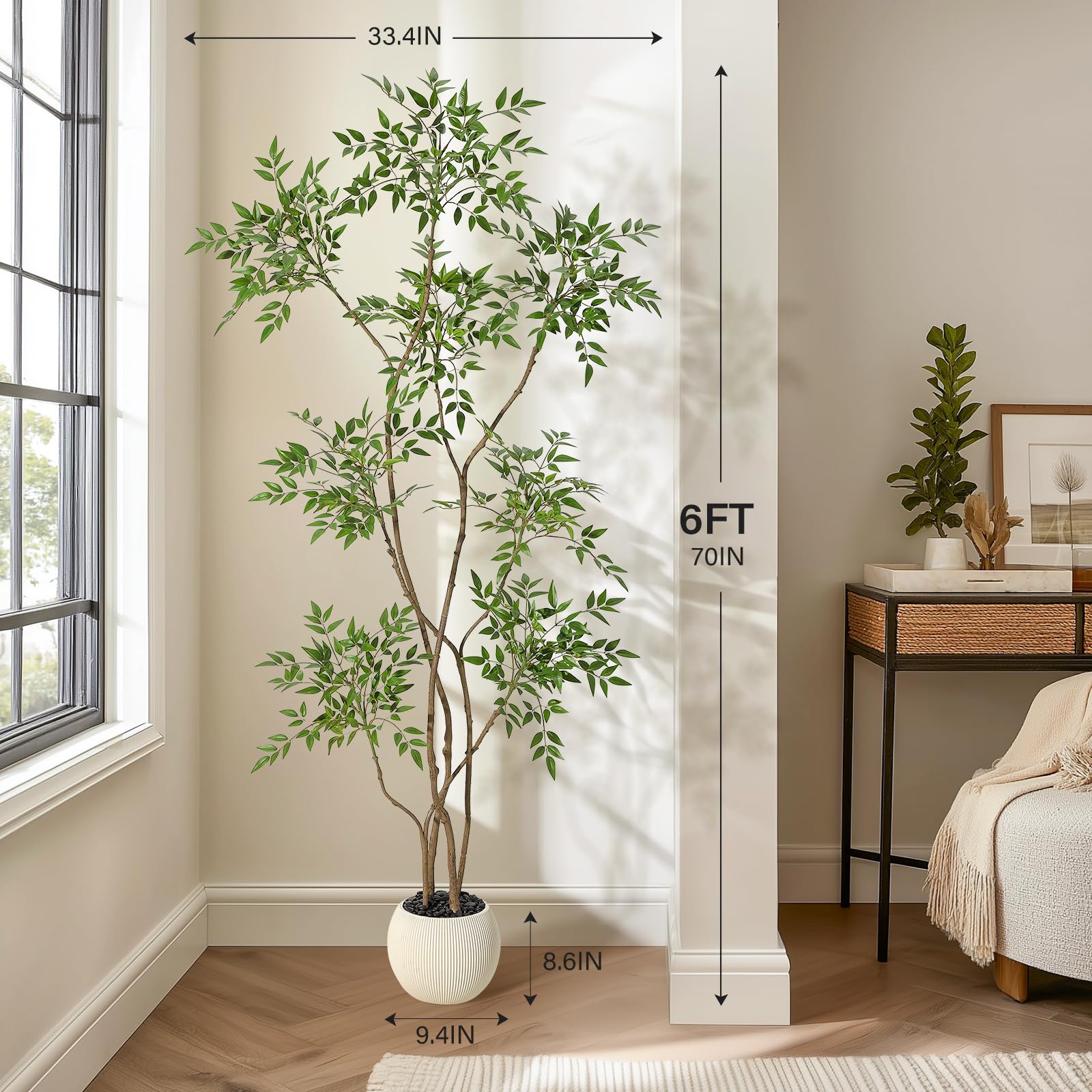 Pianta artificiale Nandina Garvee da 6 piedi con vaso in ceramica bianca per ufficio e soggiorno, realistica, facile da curare, durevole