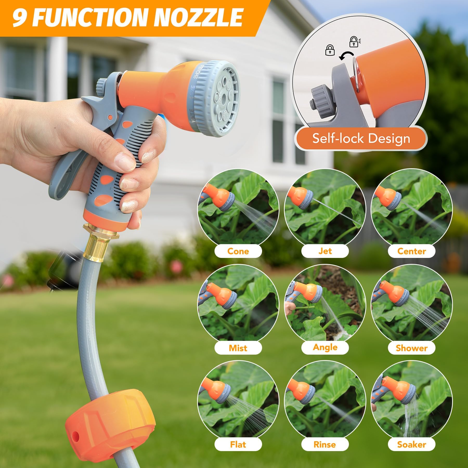 Avvolgitubo retrattile Garvee da giardino da 1/2" x 130 piedi, spruzzatore a 9 funzioni, ritorno lento automatico, PVC e ottone a 3 strati, girevole a 180°, montaggio a parete, irrigazione da giardino