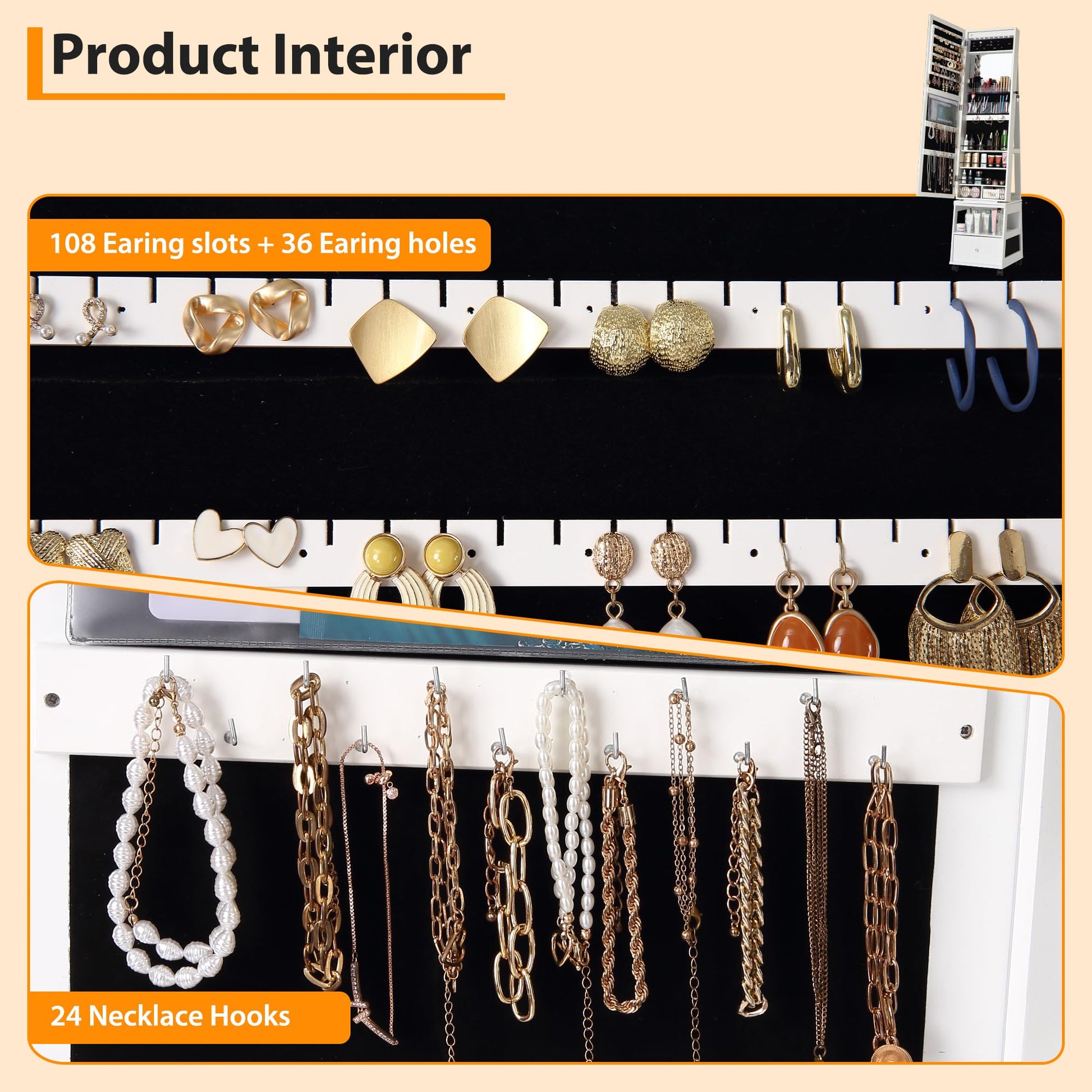 Mobiletto portagioie girevole a 360° Garvee con specchio a figura intera, illuminazione a LED, rivestimento in velluto, bianco, camera da letto, con serratura