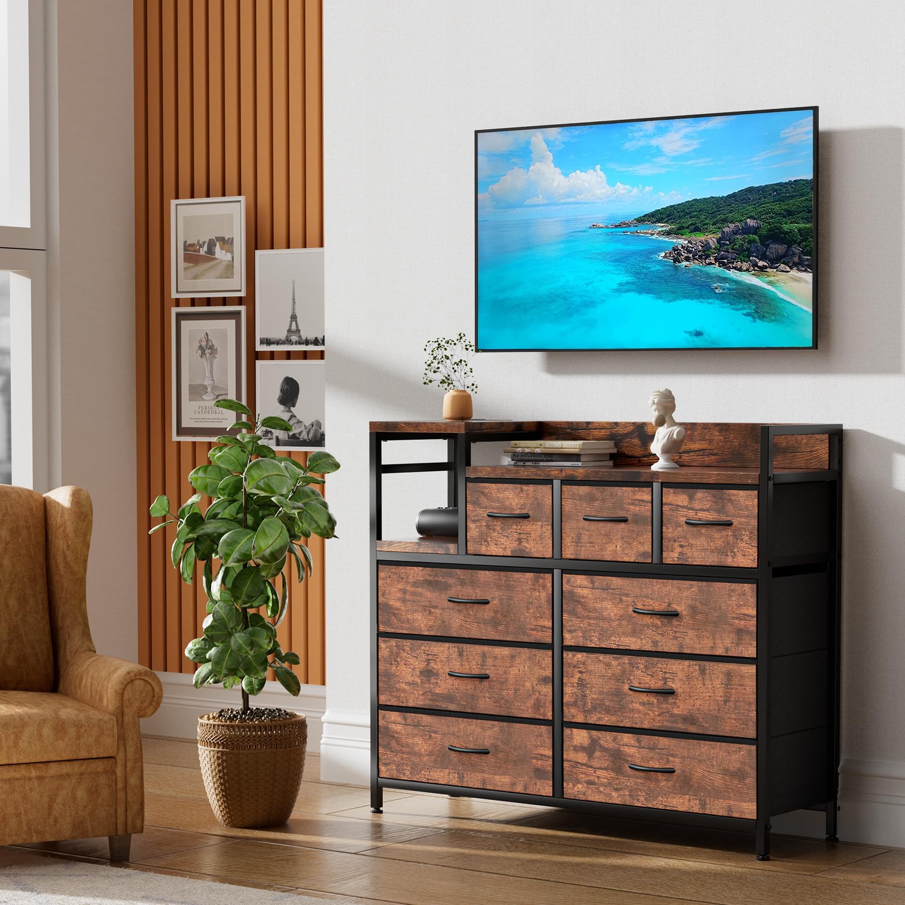 Cassettiera Garvee con 9 cassetti in tessuto, multifunzionale per camera da letto e soggiorno, 100x30x86 cm, colore retrò