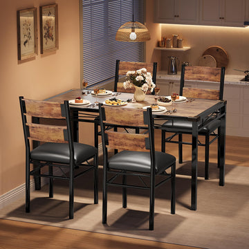 Set da pranzo Garvee per 4 persone con protezioni angolari, sedie in PU, struttura in acciaio, piano in legno, marrone retrò, salvaspazio, per cucina e appartamento