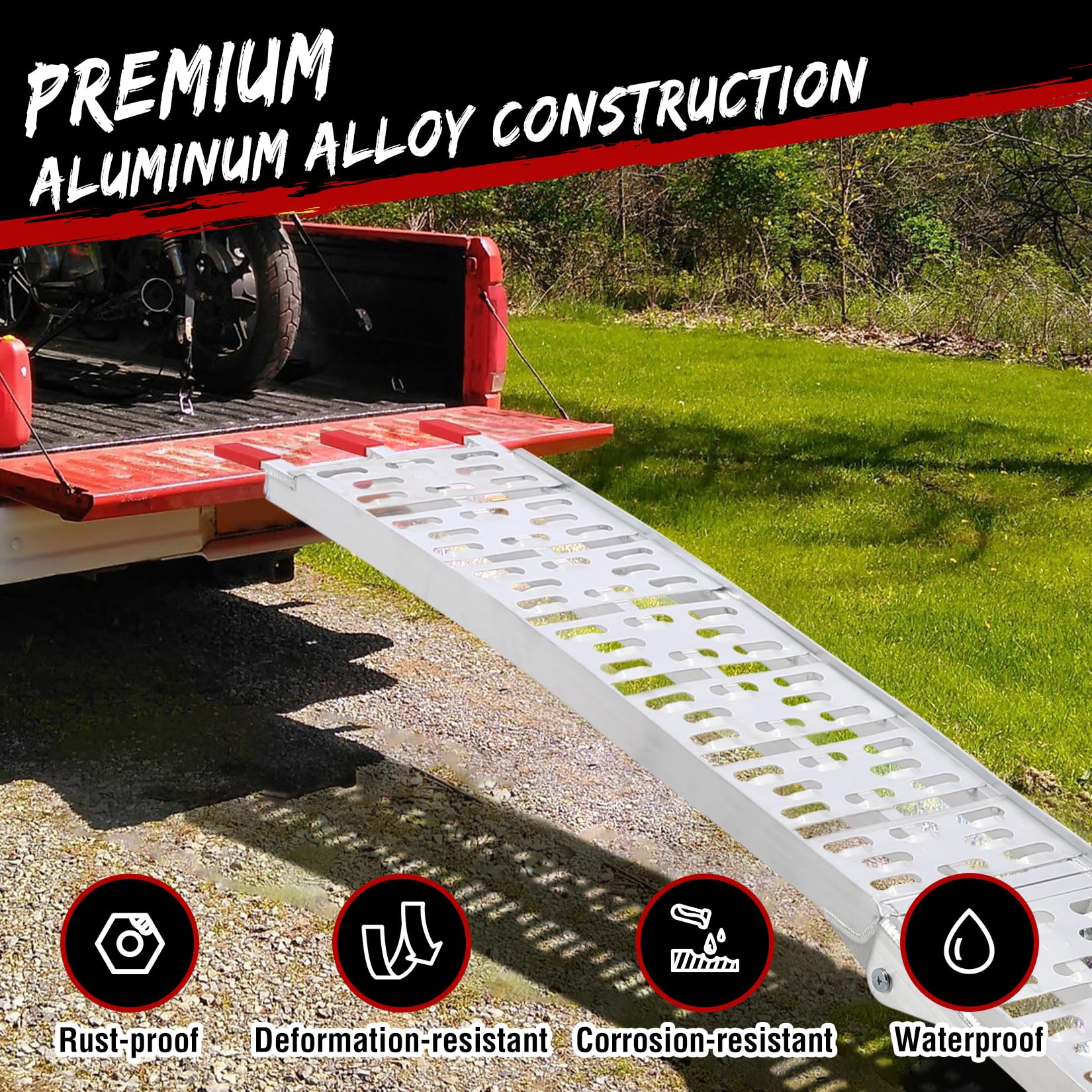 Rampa per moto Garvee da 750 libbre, pieghevole in alluminio antiscivolo con cinghie di sicurezza per pick-up, rimorchio, ATV, motocicletta, giardinaggio, 89x11 pollici, argento