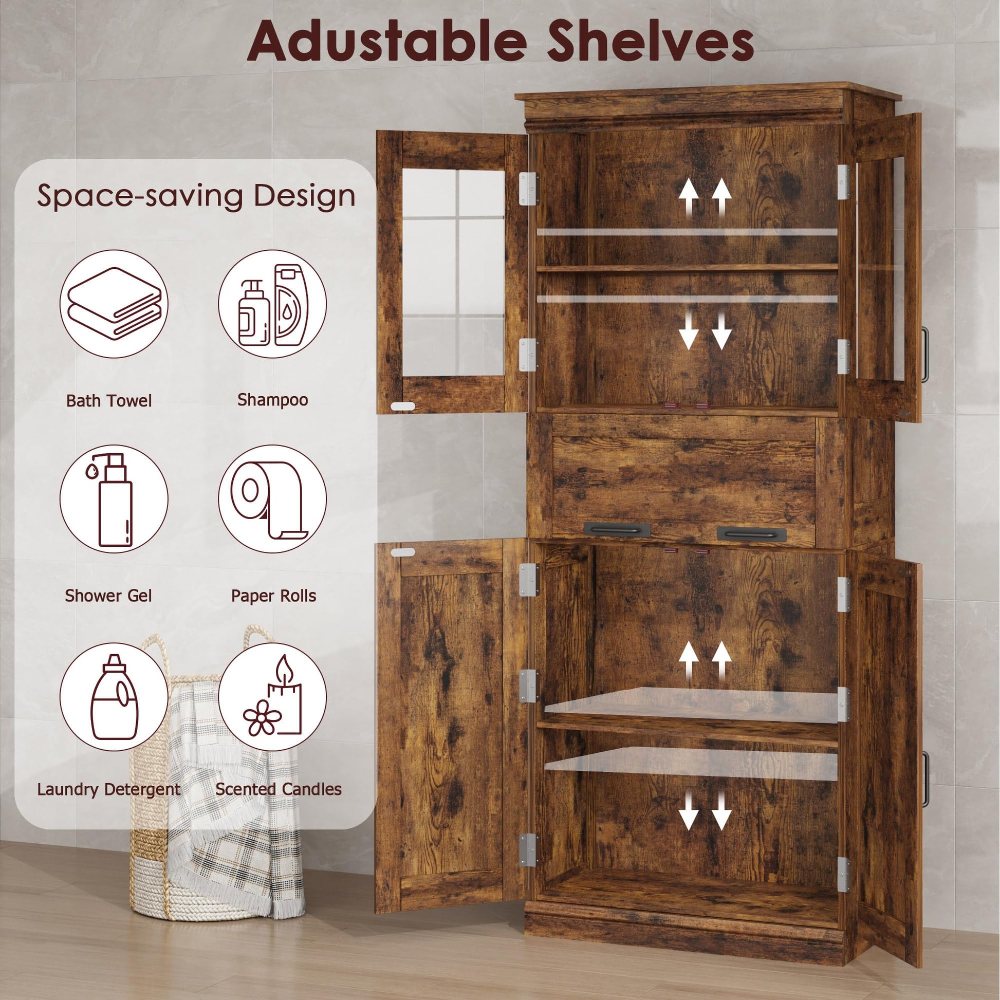Mobiletto da bagno alto Garvee da 67" con 4 ante e cassetto in vetro per bagno e cucina, ripiani regolabili, marrone rustico, MDF, robusto e moderno