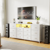Mobile TV Garvee da 63" per TV da 65-75" con 12 cassetti, illuminazione a LED, rivestimento in tessuto, caricabatterie, ripiani aperti, mobili moderni per soggiorno