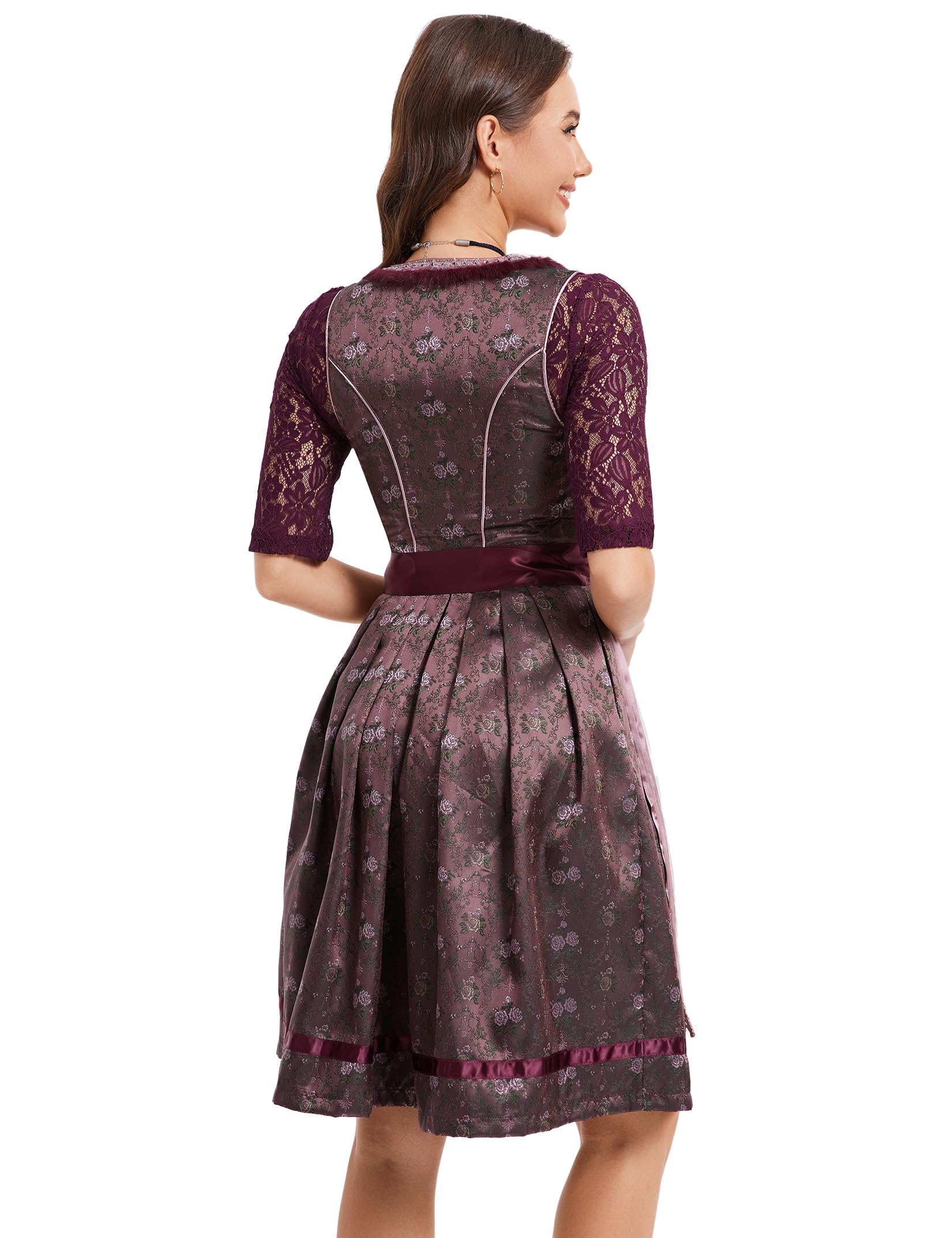 Garvee Dirndl Abito tradizionale da donna in jacquard rosso vino Midi Oktoberfest Outfit 42 Bordeaux Rosso Rosa Scuro