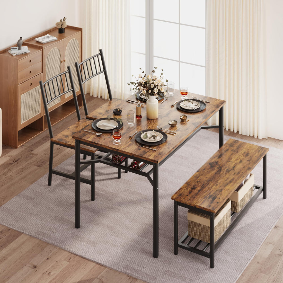 Set da pranzo Garvee per 4 persone con portabottiglie, tavolo rettangolare marrone retrò, MDF e acciaio, salvaspazio, ideale per appartamenti