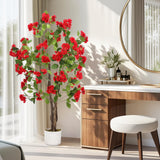 Garvee Albero di Osmanthus Artificiale 120 cm con 48 Fiori Rossi, Tronco in Legno Naturale, Vaso Nero per Interni ed Esterni - Rosso
