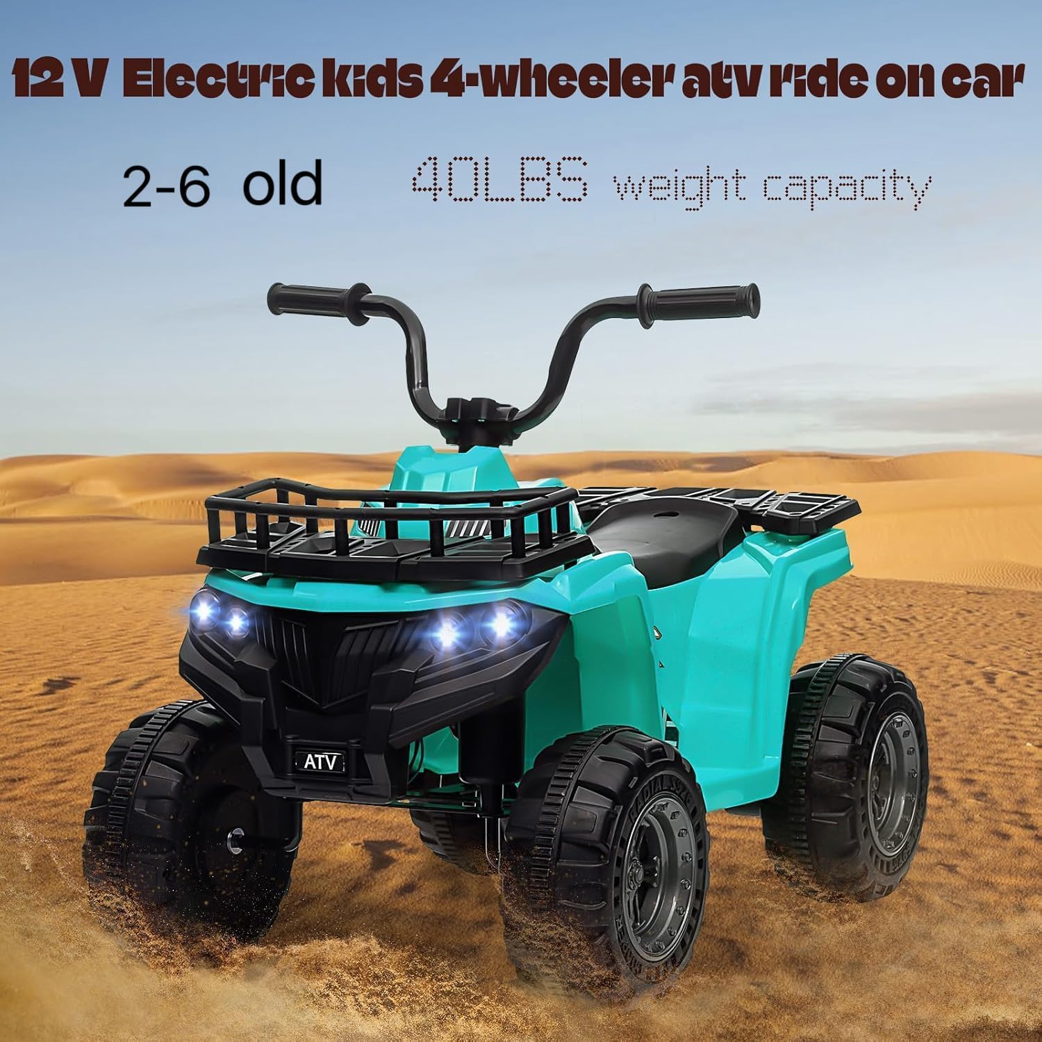 Quad elettrico Garvee 12V per bambini dai 2 ai 5 anni, auto giocattolo elettrica ATV con luci a LED, musica e design antiurto, giocattolo robusto per esterni, controllo sicuro della velocità
