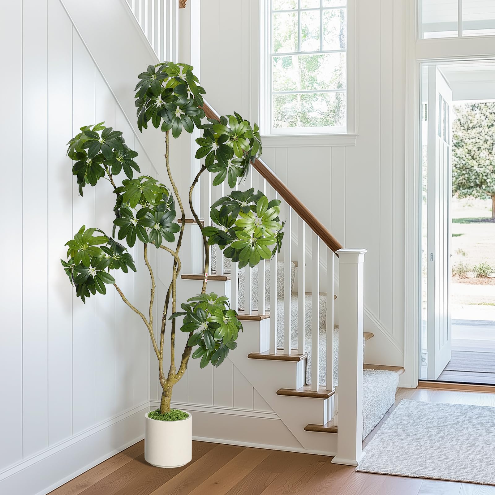 Albero di Schefflera artificiale Garvee da 5 piedi con ombrello e 5 tronchi, vaso di fiori in PE bianco per casa e ufficio