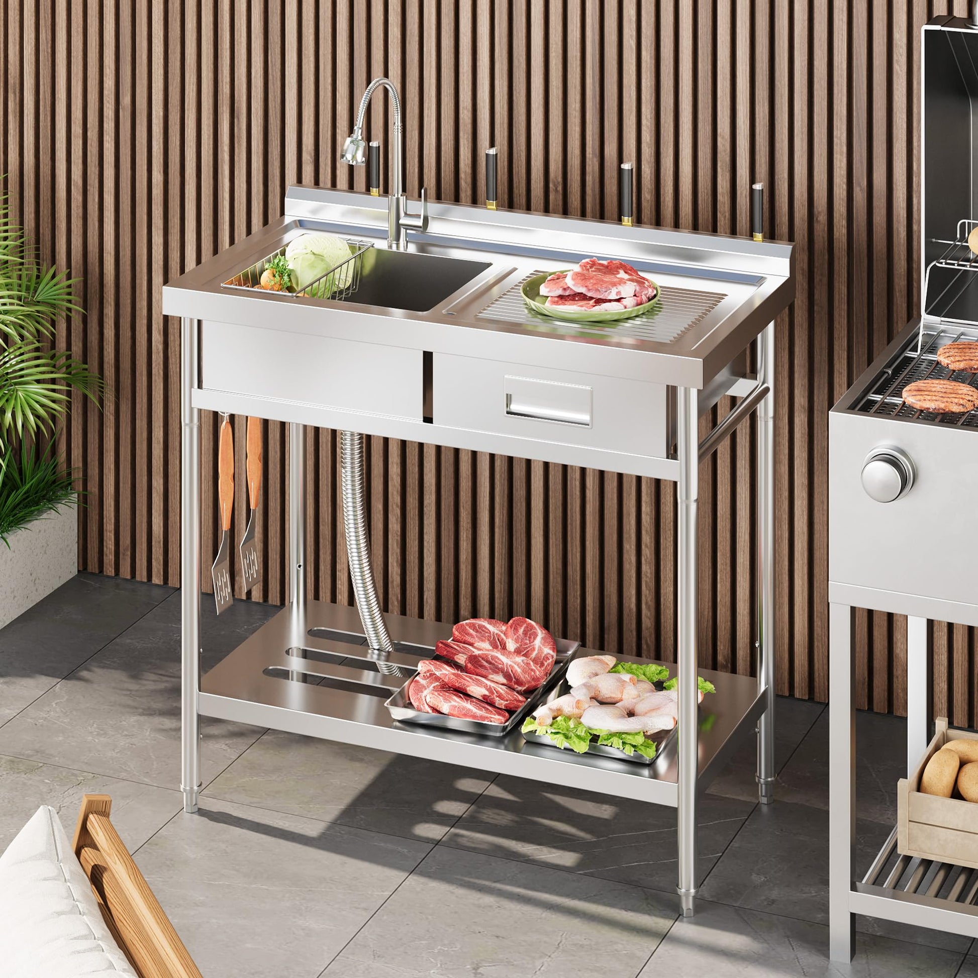 Lavello di servizio in acciaio inossidabile Garvee con 1 vasca, rubinetto caldo/freddo, asse da lavaggio integrata per lavanderia e garage, indipendente, acciaio inossidabile argento