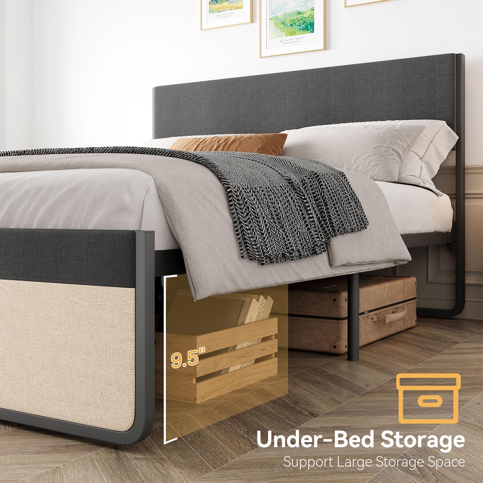 Letto matrimoniale Garvee con testiera, 2 cassetti, doghe in metallo, silenzioso, tessuto in lino grigio, camera da letto