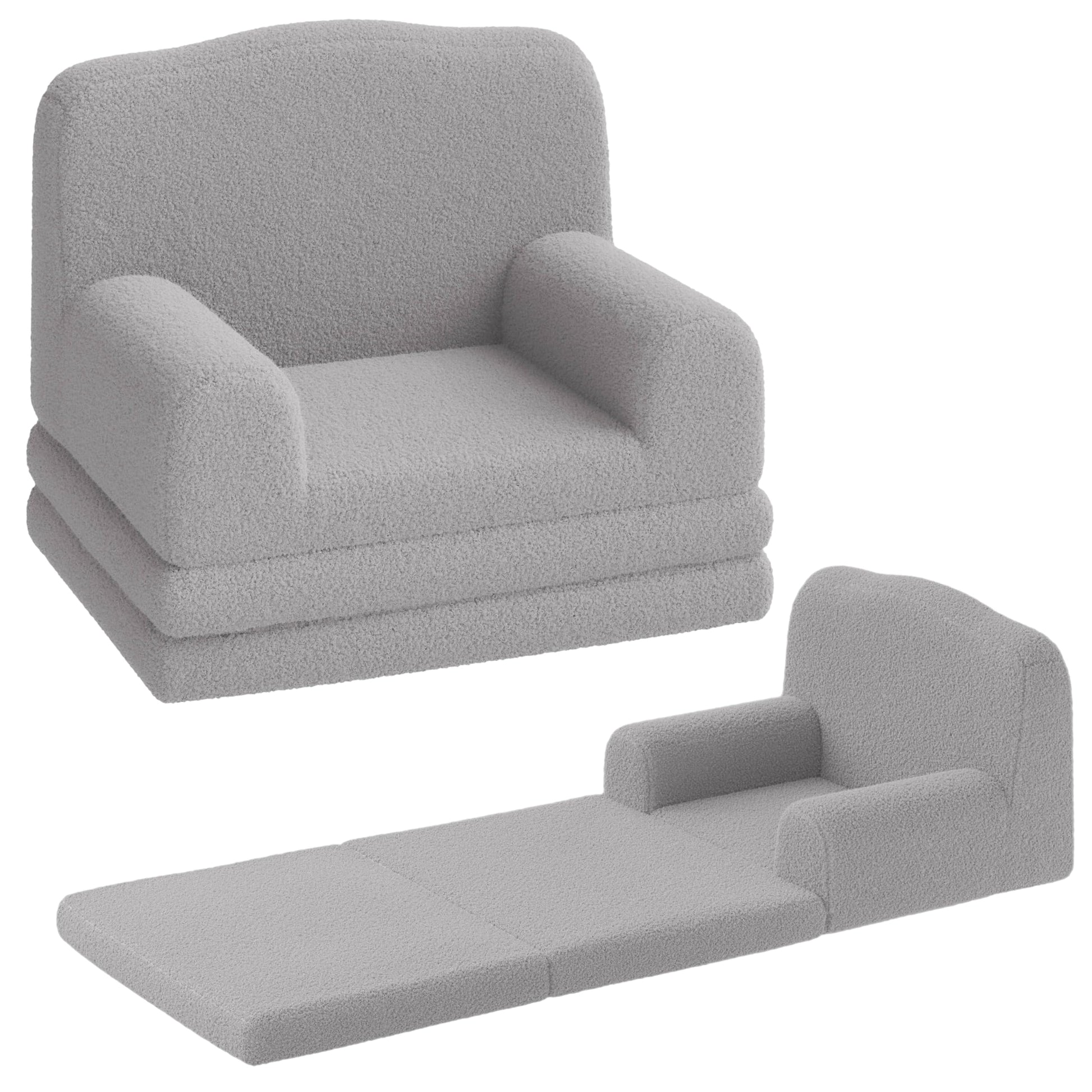 Divano per bambini Garvee 2 in 1 convertibile con elevato comfort, schiuma, morbido Sherpa, antiscivolo, grigio per sala giochi, leggero e sicuro