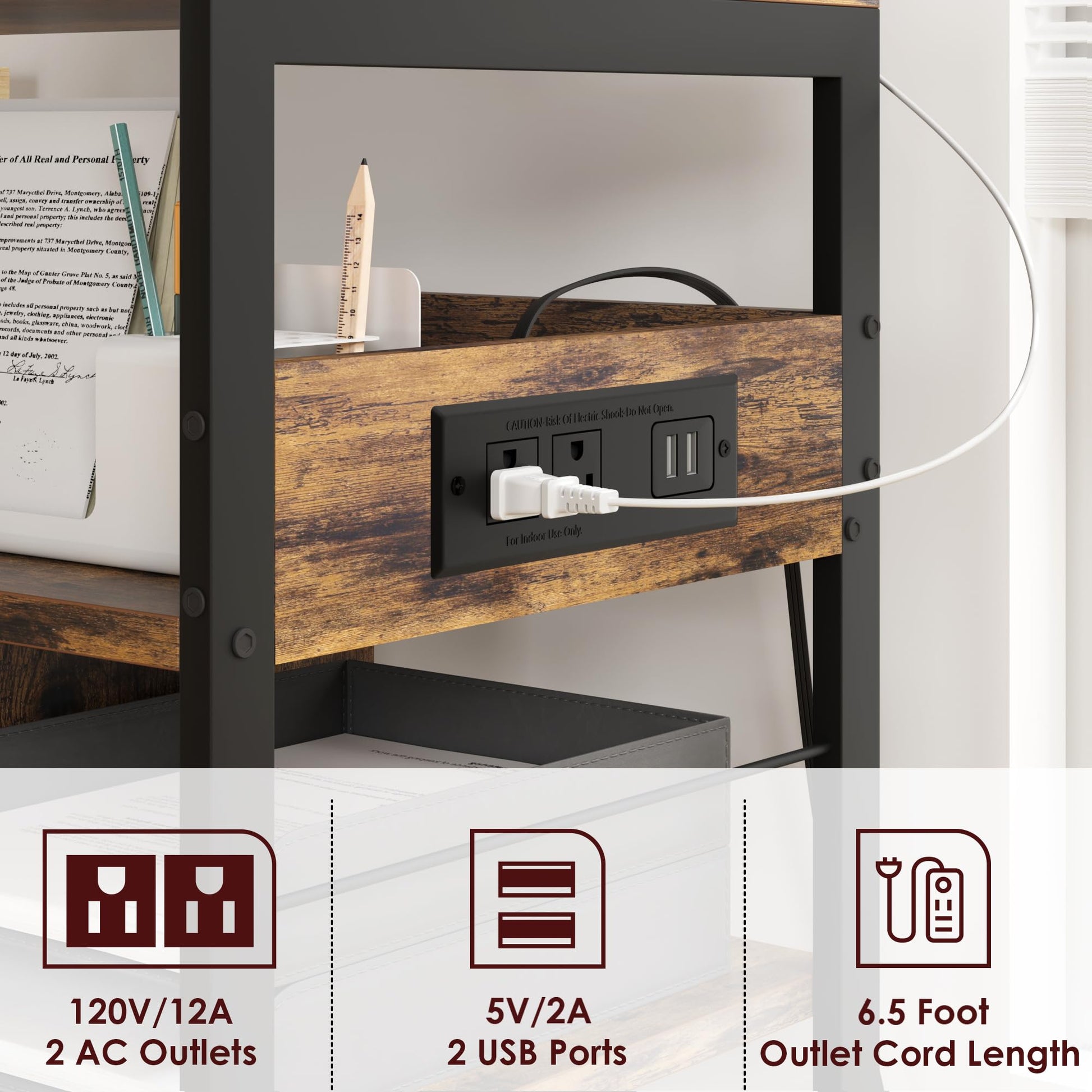 Supporto per stampante mobile Garvee di grandi dimensioni con prese di corrente e USB, carrello a 4 ripiani, struttura in metallo, pannello in MDF, ruote con bloccaggio per ufficio e soggiorno, 23,66"x15,76"x31,86", nero