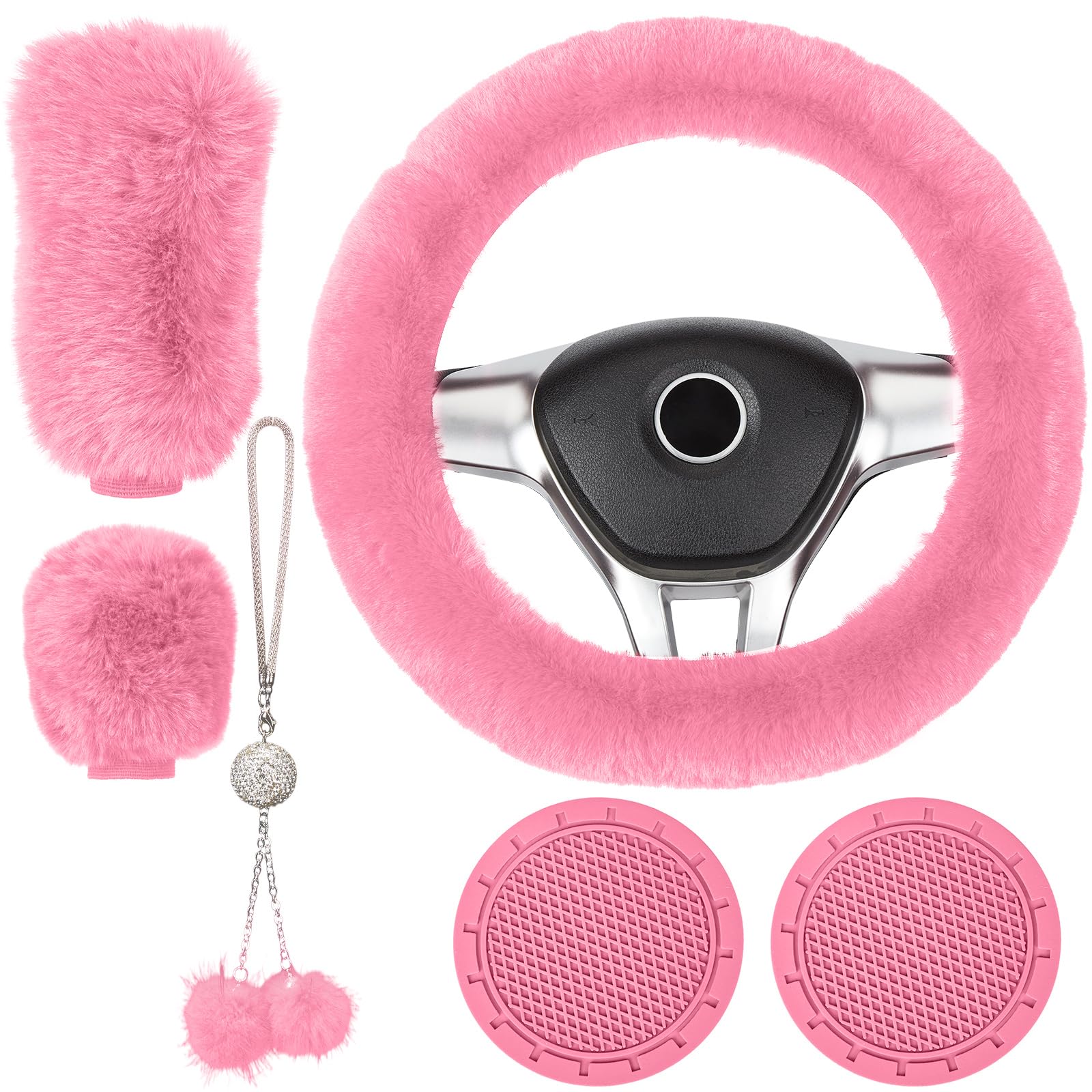 Garvee - Set di 6 coprivolanti in peluche per donna, accessori per auto, rosa, morbidi e brillanti, diametro del volante 38 cm