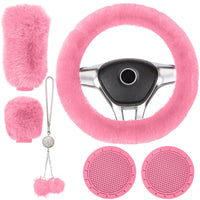 Garvee - Set di 6 coprivolanti in peluche per donna, accessori per auto, rosa, morbidi e brillanti, diametro del volante 38 cm