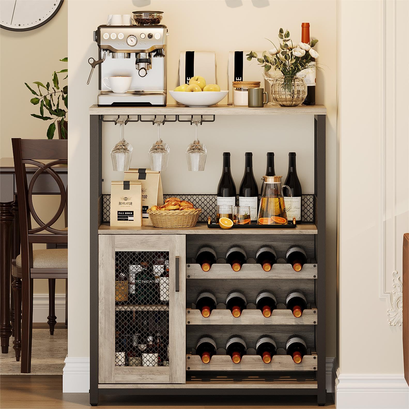Mobile bar per vino Garvee con luce LED, ripiani regolabili, porta a rete, MDF e metallo, altezza 36", cucina e sala da pranzo, robusto, compatto