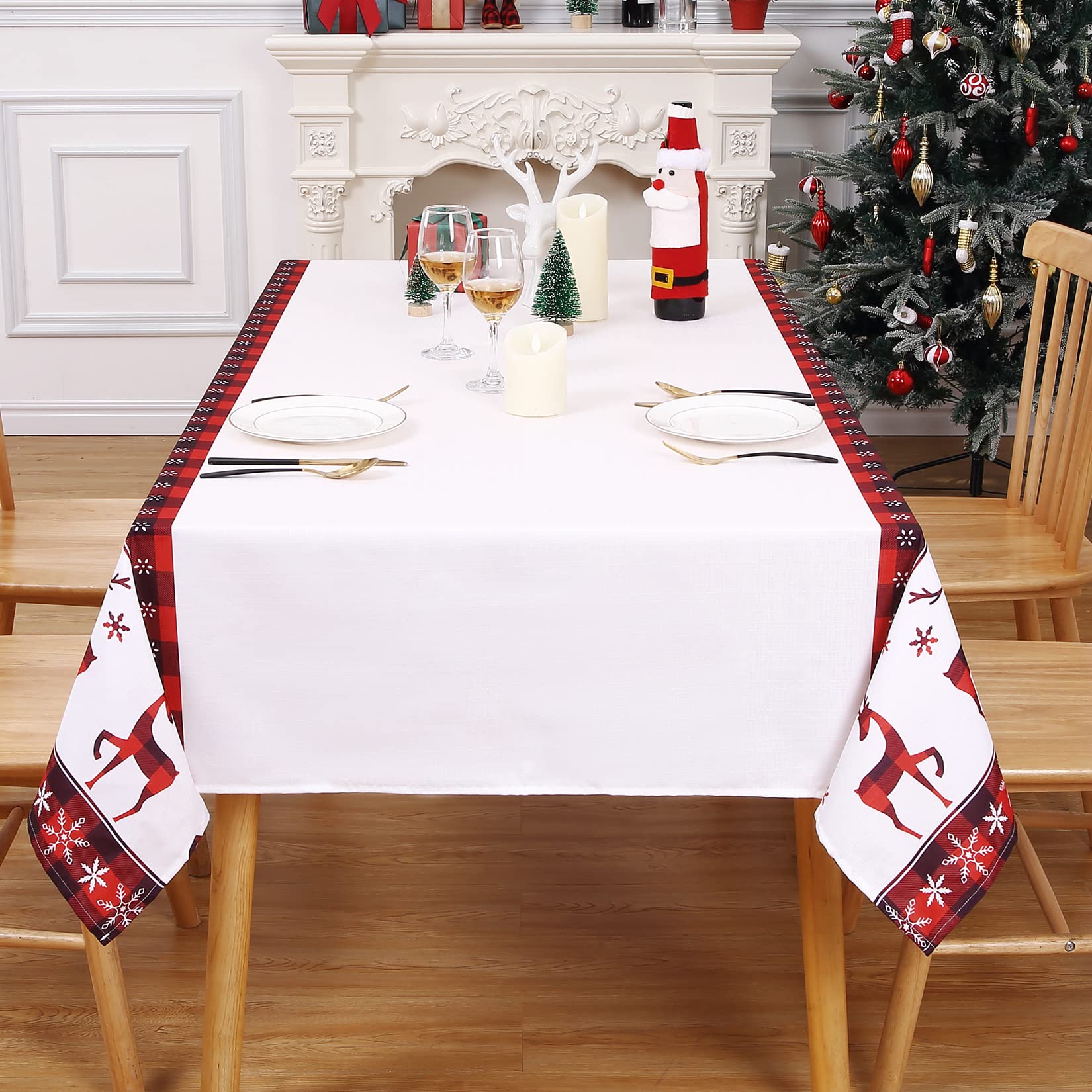 Tovaglia natalizia Garvee con motivo a cervi, idrorepellente, antipiega, poliestere, grande formato 137x274cm, color crema, per feste di Natale