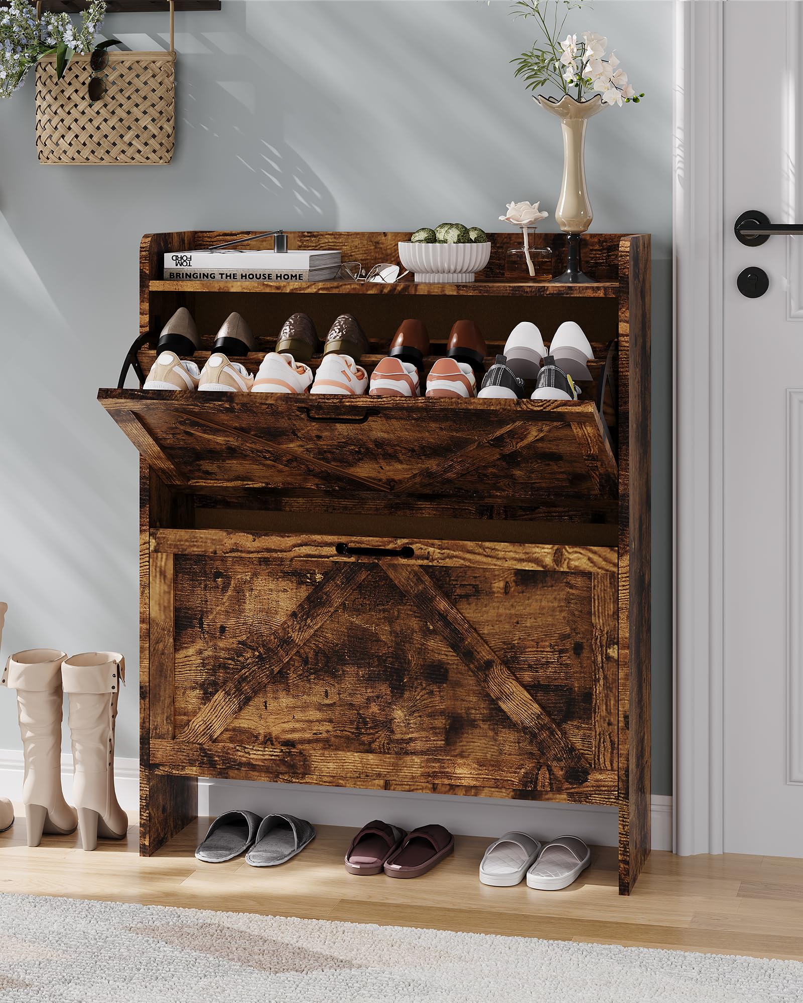 Garvee Scarpiera con 2 cassetti pieghevoli, scarpiera rustica marrone in stile fattoria per corridoio e ingresso, salvaspazio