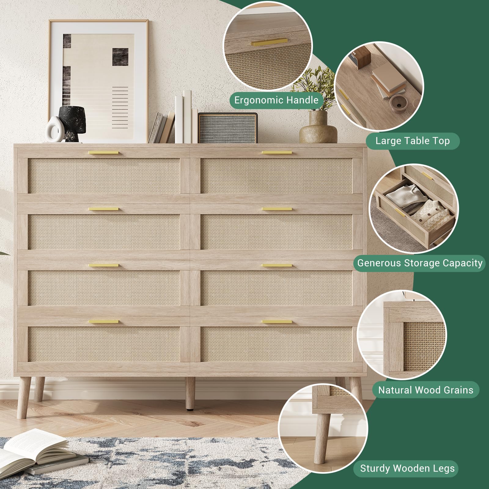 Cassettiera in rattan Garvee con 8 cassetti, spaziosa e robusta, per camera da letto e corridoio, colori naturali