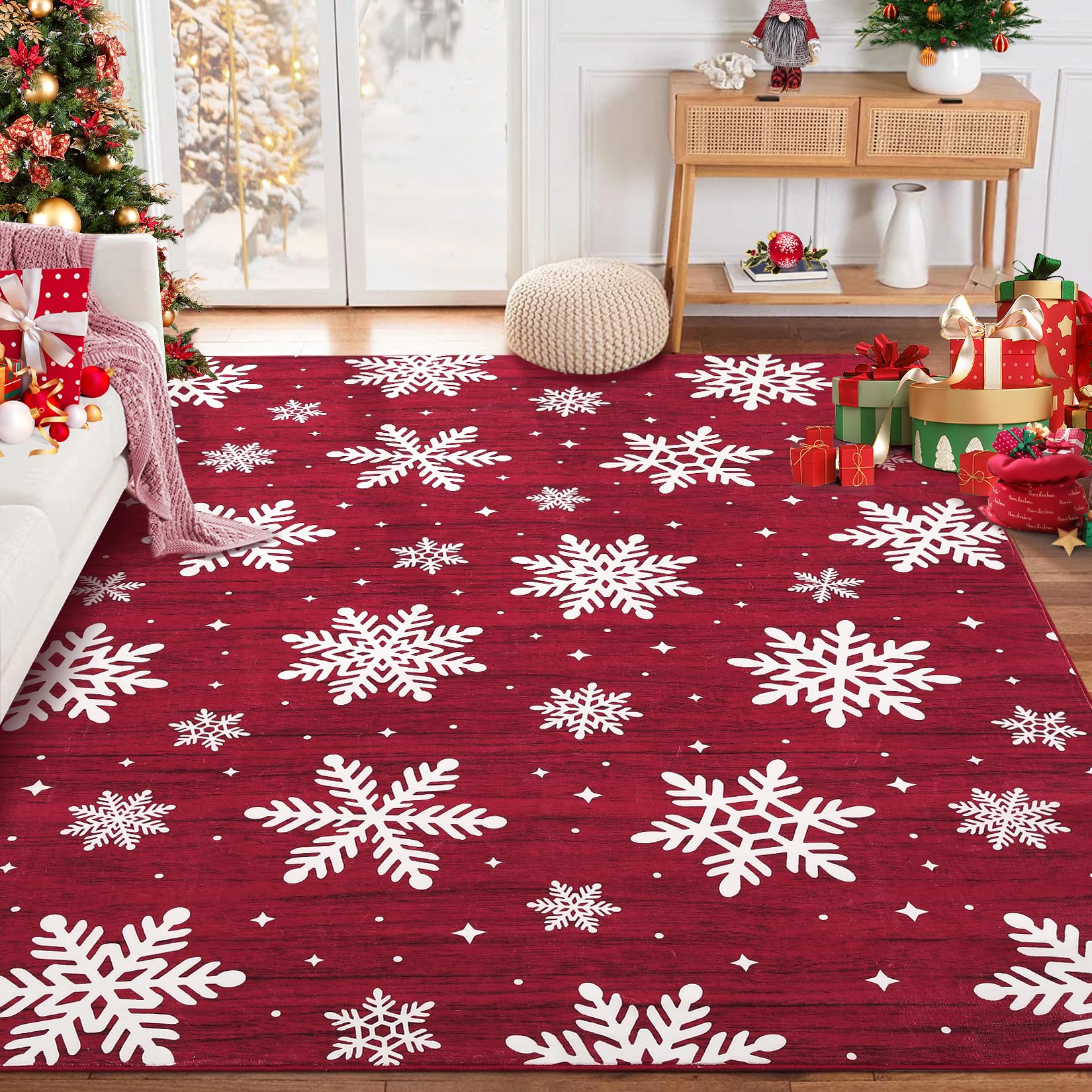 Tappeto natalizio moderno Garvee di grandi dimensioni con bordo natalizio a forma di fiocco di neve per soggiorno, camera da letto, sala da pranzo, 140x200 cm, multicolore