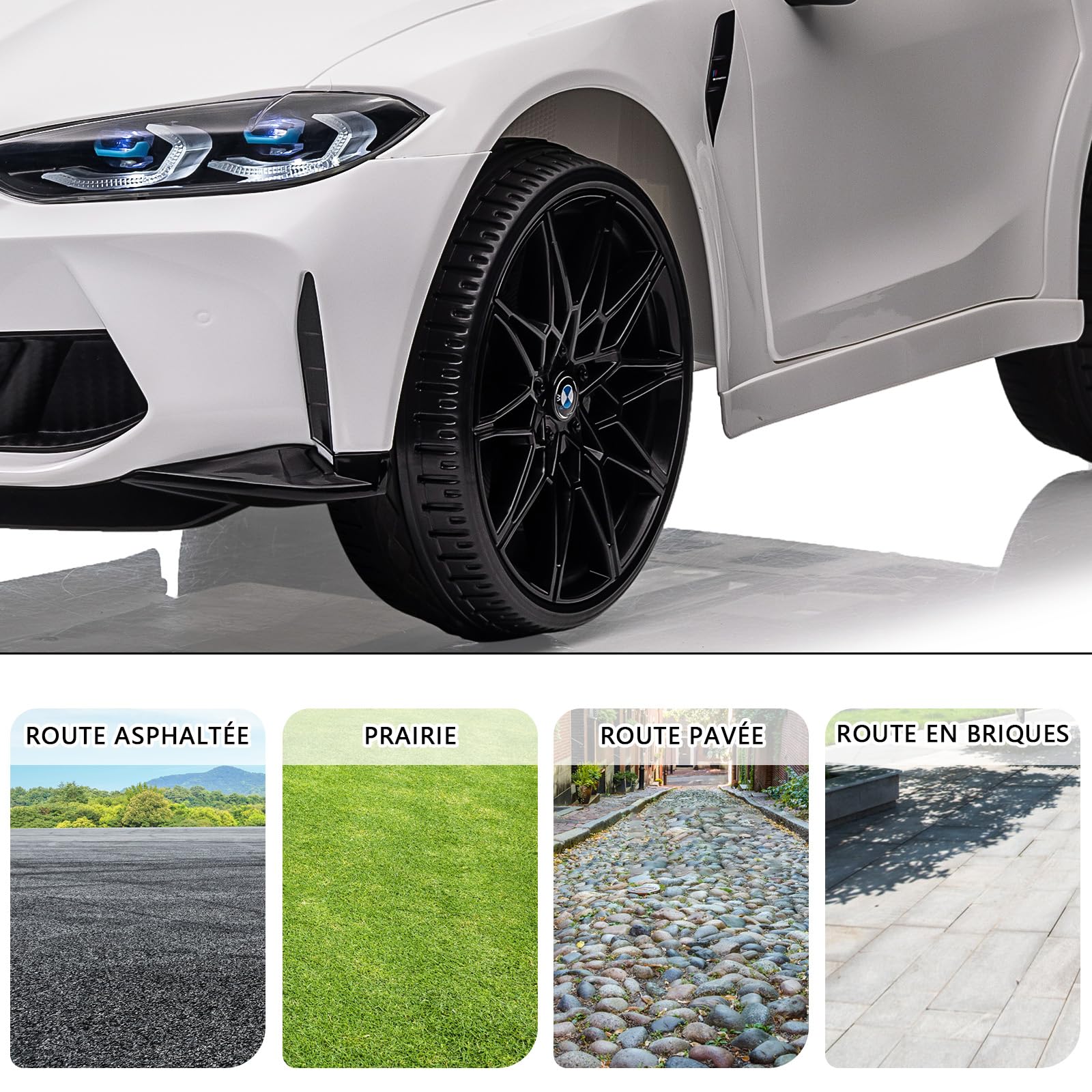 Garvee Kids Electric Car BMW M4 con licenza 12V con LED, musica, cintura di sicurezza, telecomando, metallo PP, giocattolo per esterni, 3 km/h, nero