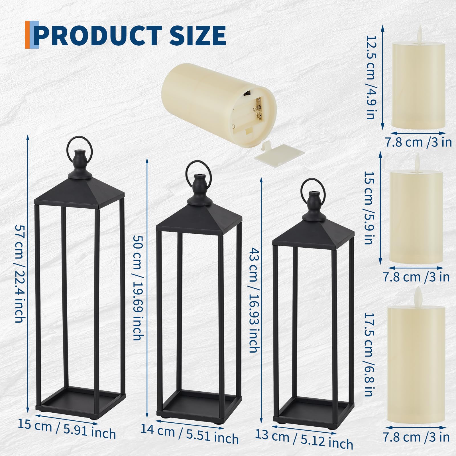 Garvee Set di 3 lanterne decorative in metallo con candele LED senza fiamma, nere, per uso interno ed esterno, giardino e terrazza, 22", 19", 17"