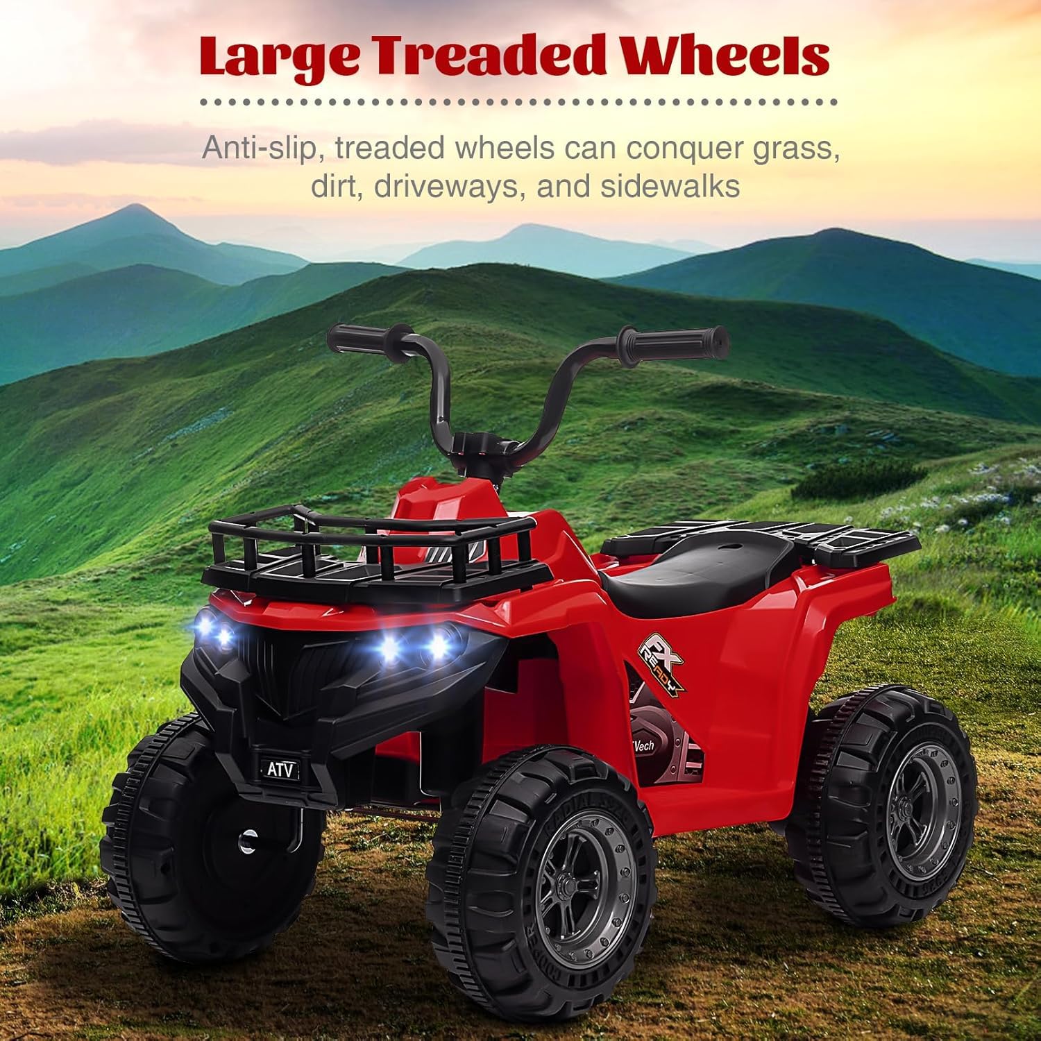 Quad elettrico Garvee 12V per bambini dai 2 ai 5 anni, auto giocattolo elettrica ATV con luci a LED, musica, design antiurto, giocattolo robusto per esterni, controllo sicuro della velocità, batteria da 12V
