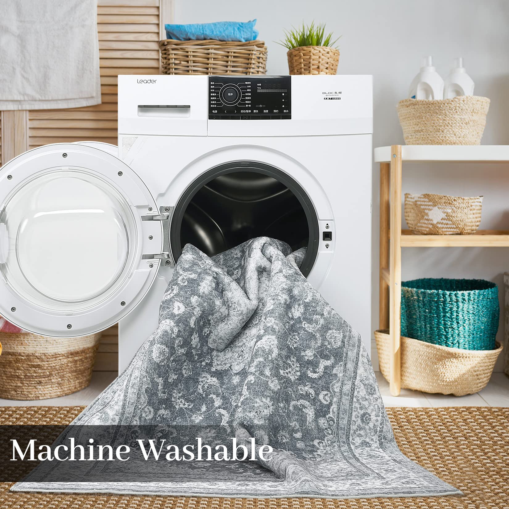 Garvee Tappeto Vintage Lavabile Boho Antiscivolo Morbido Poliestere Resistente Grigio-Nero 120x170 cm Soggiorno Camera