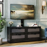Garvee Mobile TV con 4 Cassetti e Supporto Regolabile, Rattan Naturale, Stile Farmhouse, per Soggiorno e Camera, Fino a 70 Pollici, Legno Ingegnerizzato - Nero
