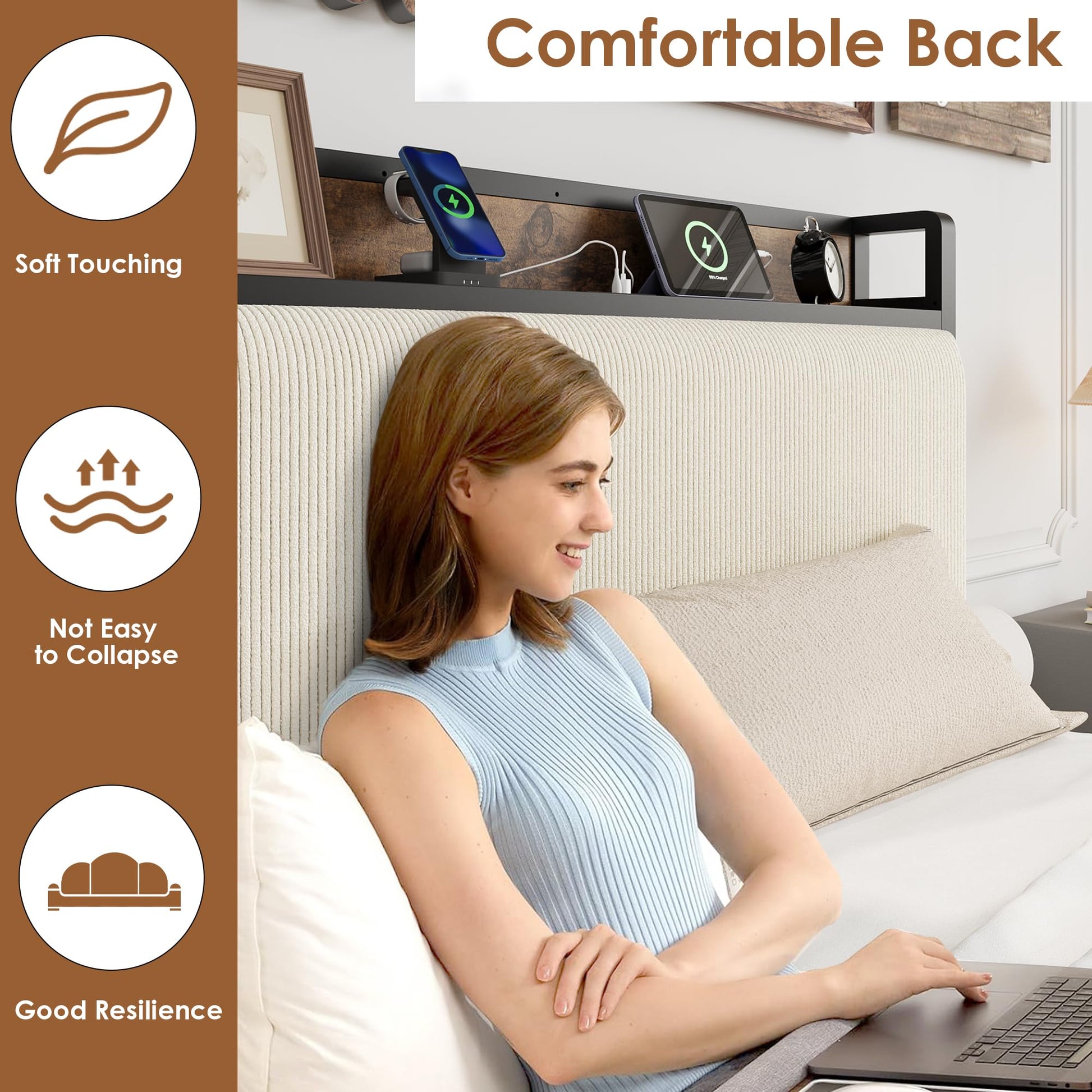 Struttura per letto matrimoniale Garvee con 2 cassetti e stazione di ricarica per camera da letto, beige, silenziosa, struttura in metallo, rivestita in velluto