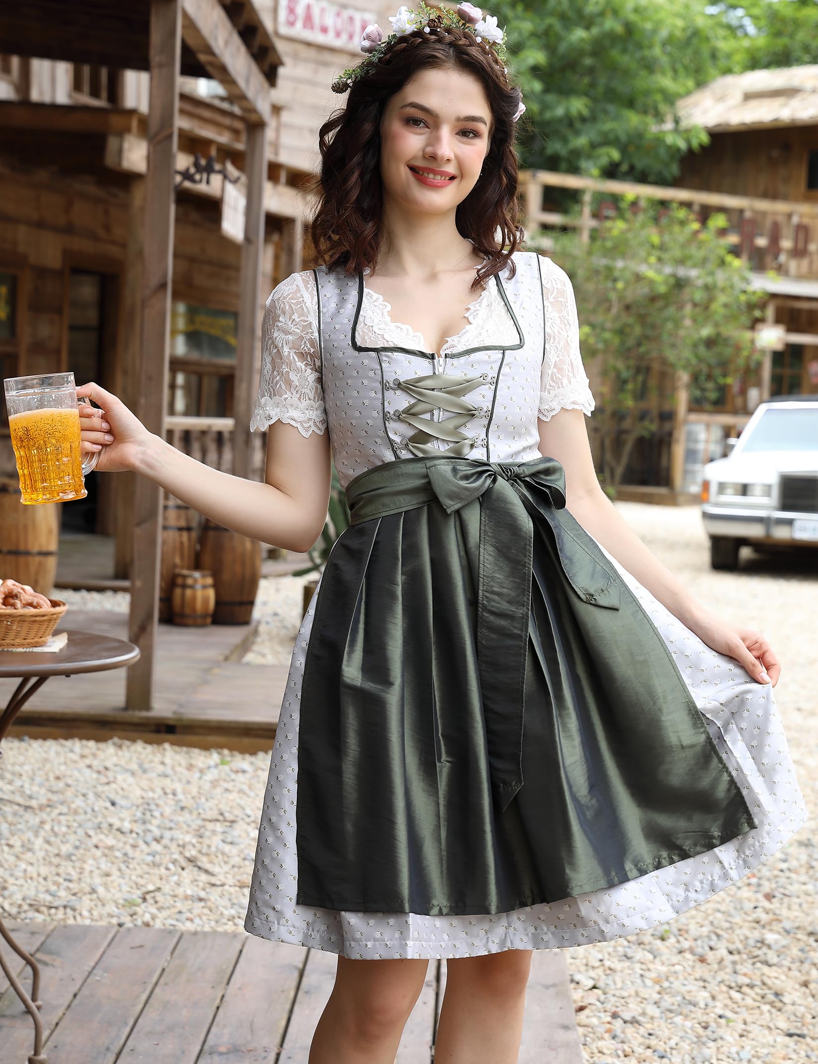 Garvee Dirndl da donna, abito tradizionale midi, set completo da 3 pezzi per l'Oktoberfest e le feste popolari, grigio, taglie 34-48